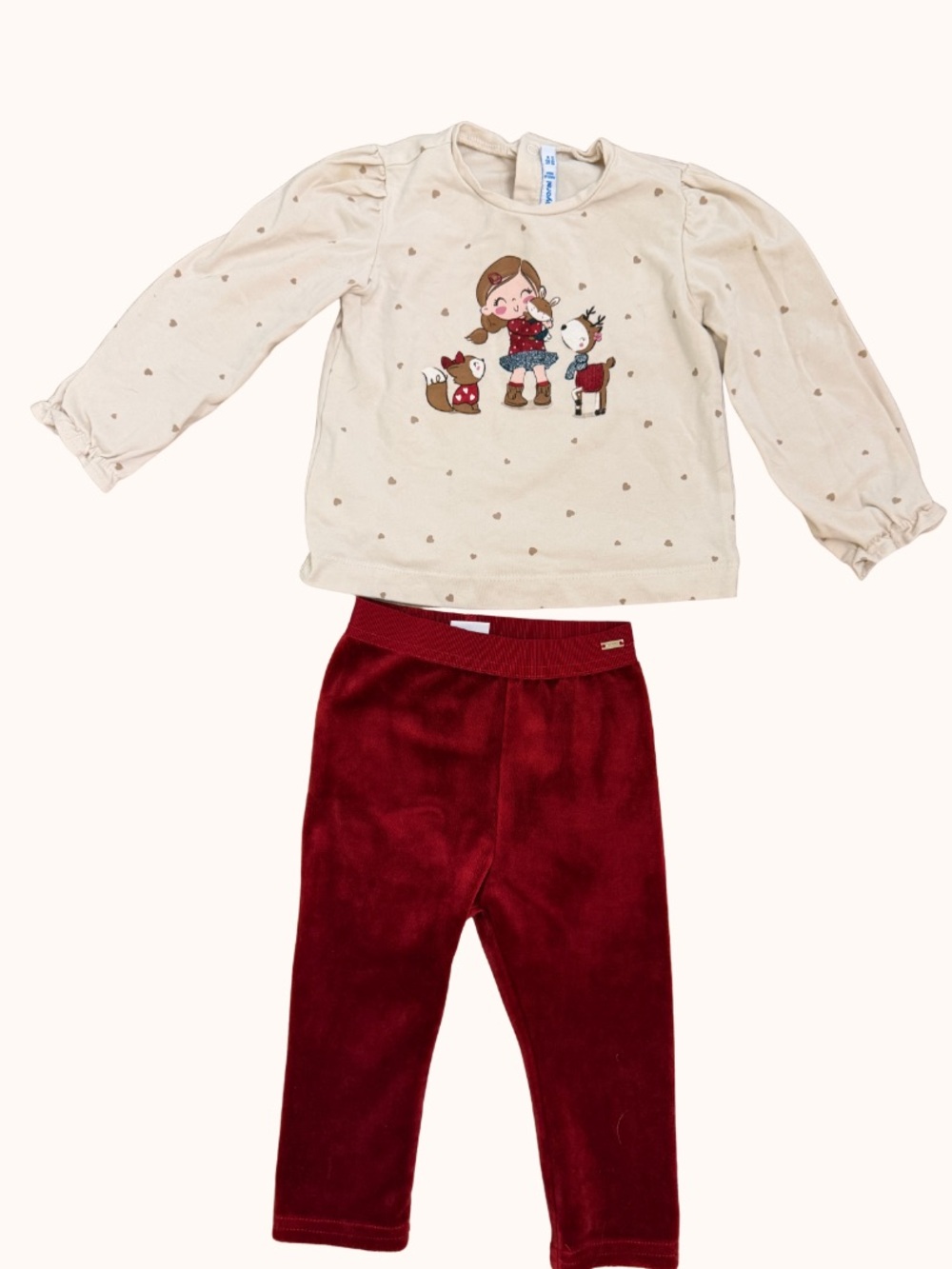Mayoral Beige Top with Burgundy Velvet Leggings Pajama Set